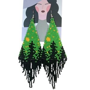 Hand Crafted Beaded Dangle Earrings Green and Black with Yellow Stars and Moon
